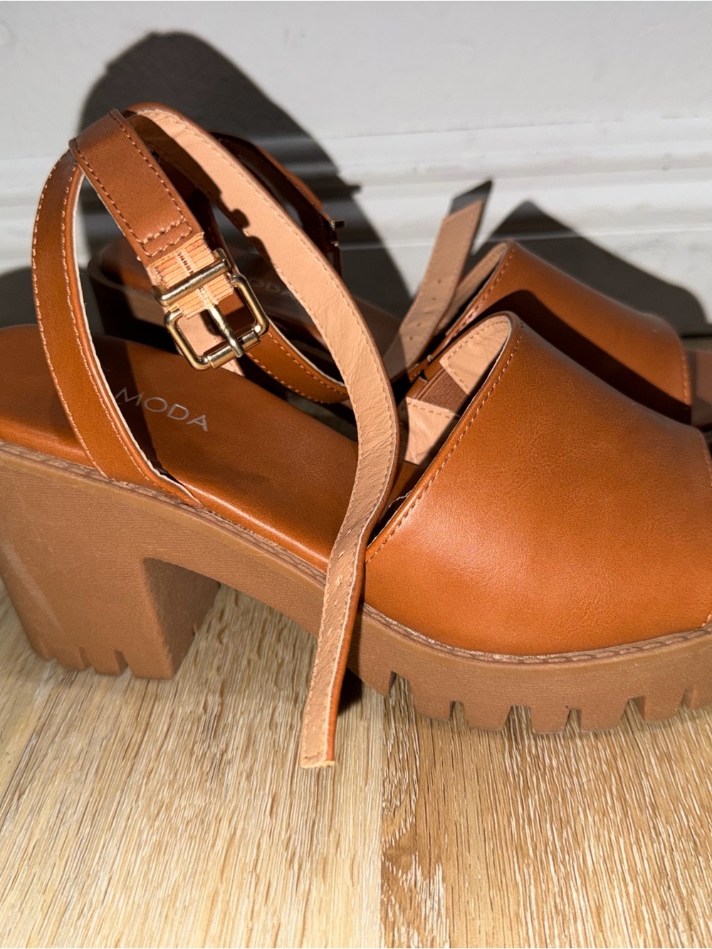 Moda Cognac Platform Sandals with Ankle Buckle